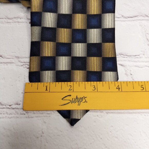 Roberto Villini Mens Navy Gold Geometric All Silk Necktie - Picture 8 of 10